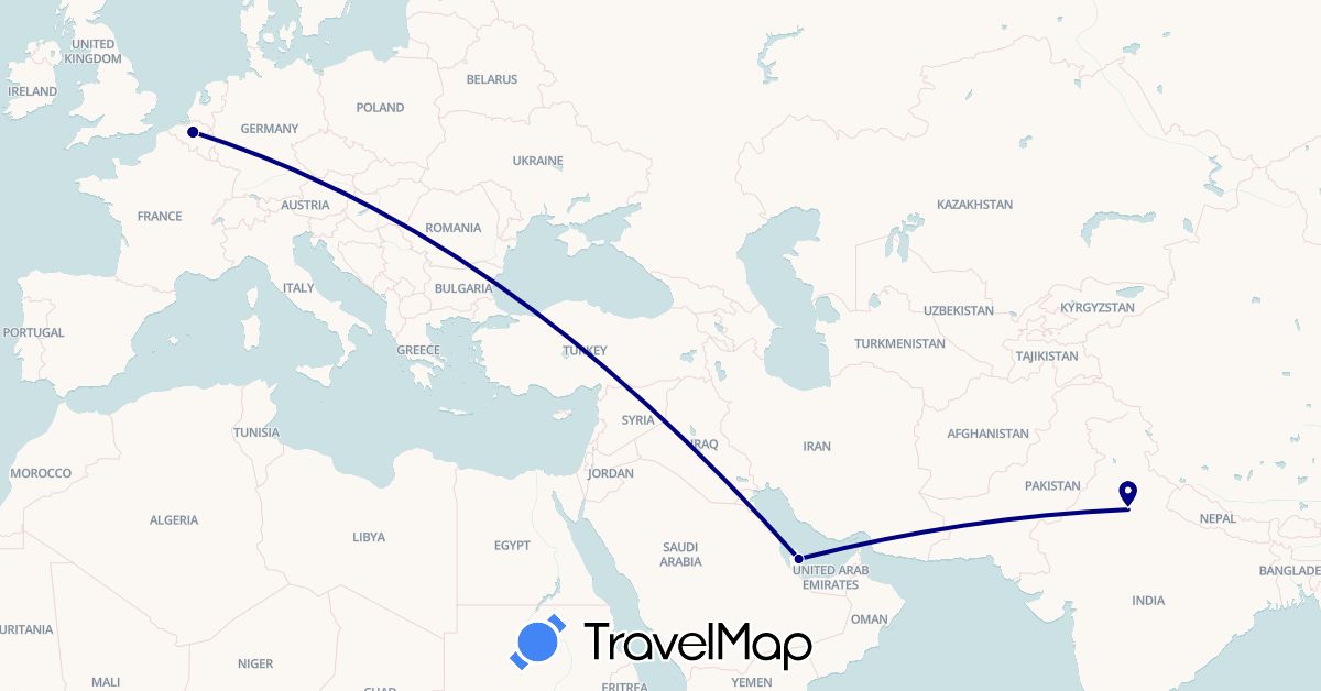 TravelMap itinerary: driving in Belgium, India, Qatar (Asia, Europe)